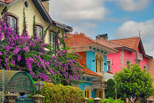 Фотография Colorful Traditional Houses and Vibrant Purple Bougainvillea Flowers in Sintra P