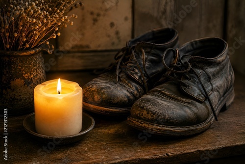 Candle burning beside old shoes