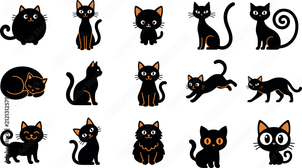 Obraz premium Set of cute hand drawn black cat illustrations for halloween designs and creative projects on white background