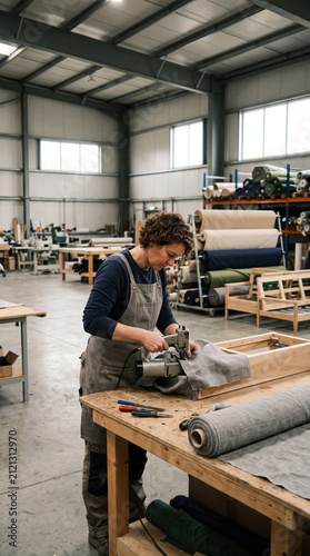 Professional furniture manufacturer makes sofa upholstery in a clean factory warehouse in the workshop