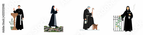 Canvastavla Set of religious character illustrations featuring a priest preaching, a nun walking, a monk with a lantern, and a priest with a thurible