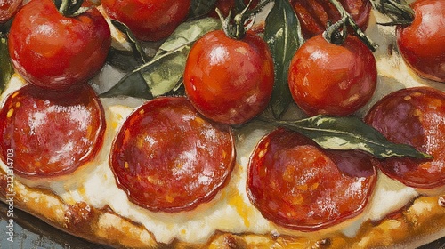 Gourmet Pepperoni and Cherry Tomato Pizza with Fresh Basil