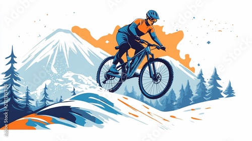 Mountain Biker Riding Downhill in Winter Mountain Landscape