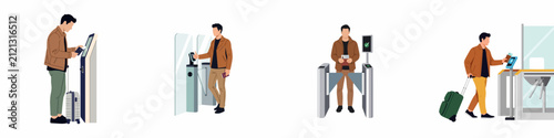 Illustration of a man using various automated airport services, including self-check-in kiosks and biometric security gates for efficient travel.