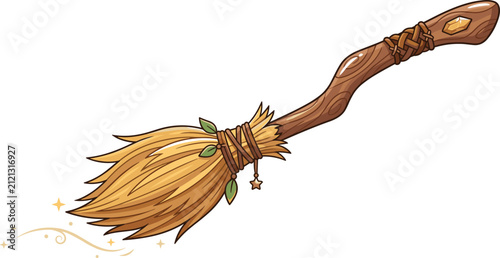 Obraz na płótnie Magical witch broomstick with a gnarled wooden handle, straw bristles, leaves, a