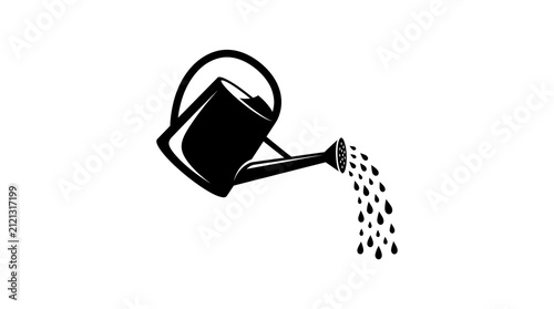 Watering Can Vector Black Silhouette Garden Tool Pouring Water Drops Icon