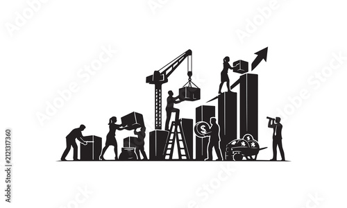 business people team constructing an upward bar graph