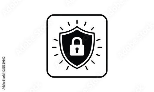 Editable black and white shield icon with a padlock symbol for digital security and data protection design projects