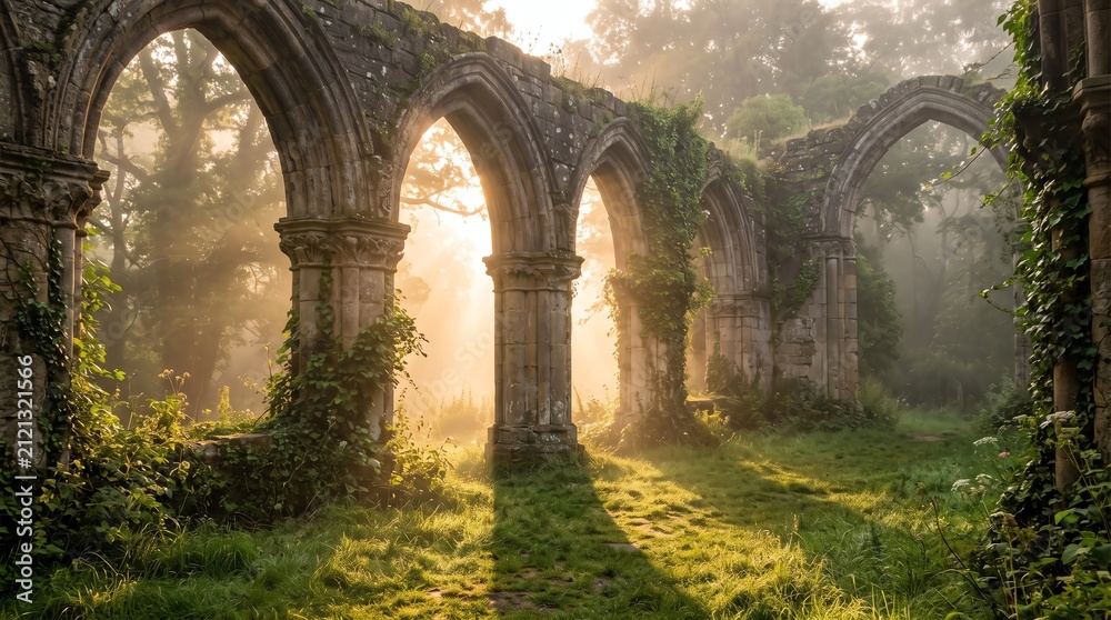 Fototapeta premium Sunlit medieval stone arches in a misty forest setting