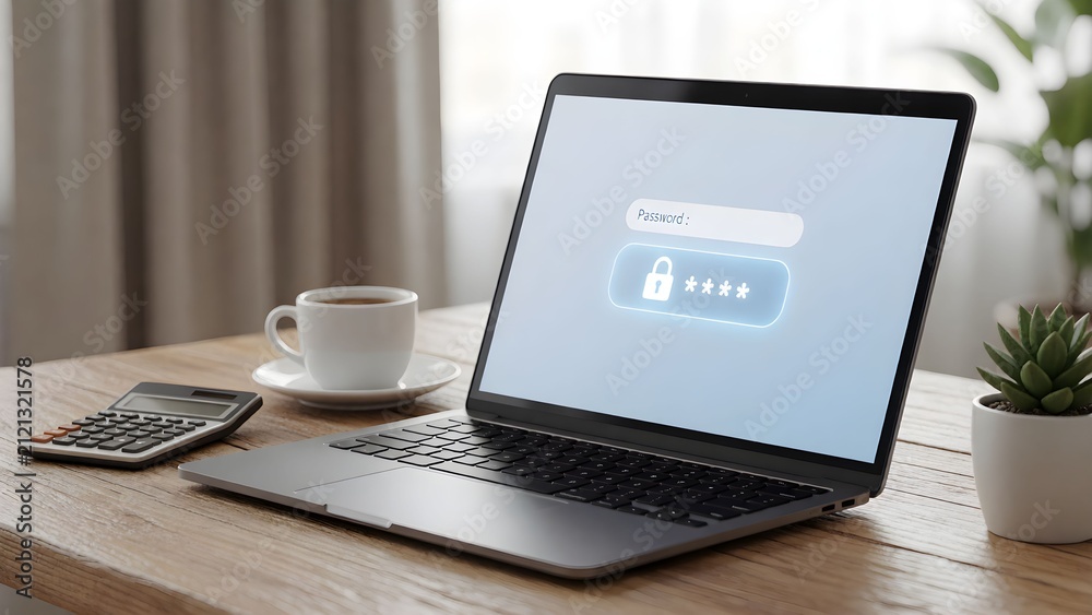 Fototapeta premium Modern laptop showing secure login on sleek wooden desk with coffee and calculator