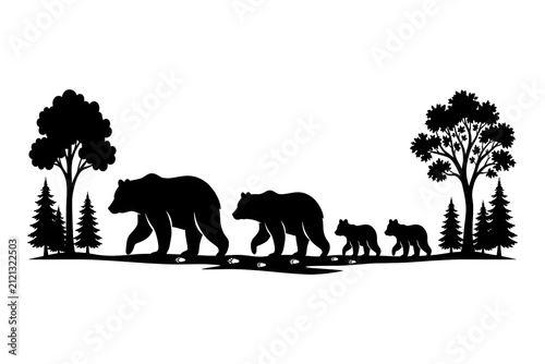 Bear Family Silhouette Walking in Forest  Parents and Cubs with Trees and Paw Prints