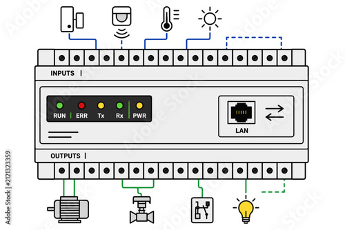 Programmable logic controller vector icon. Linear industrial automation and smart home PLC unit for DIN rail panel board.