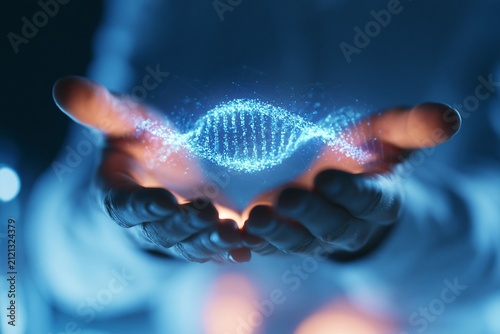Scientist's hands holding a glowing DNA strand, showcasing intricate details and vibrant colors against a blurred background, emphasizing scientific research and innovation