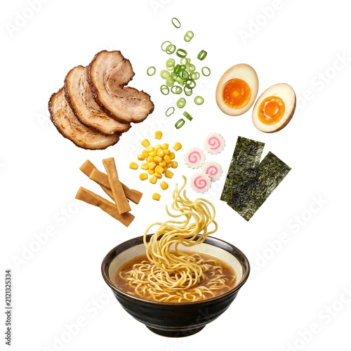 Japanese Ramen Bowl Exploded Ingredients Isolated White - Generative AI