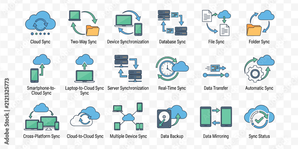 Fototapeta premium Set of cloud computing and network technology icons representing data storage connectivity and digital infrastructure solutions
