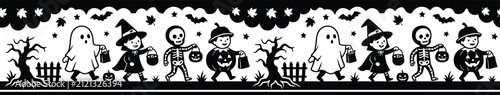 Foto Halloween border vector seamless pattern banner with cute kids in costumes trick