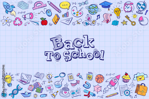 Back to school banner with colorful education doodles on grid paper. Hand drawn educational icons framed at top and bottom around Back To School text on blue notebook paper background.