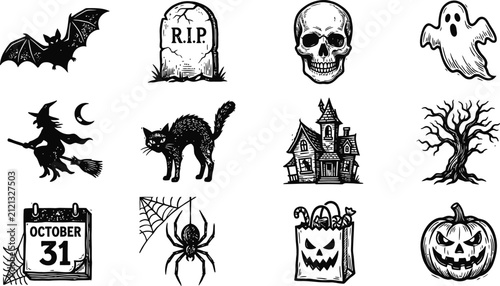 Foto Collection of various spooky Halloween-themed icons featuring a distinct black a