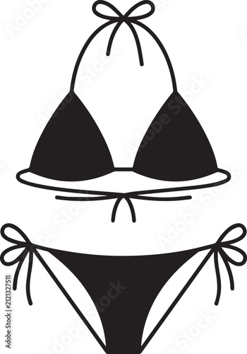 Black Bikini Swimsuit Icon Set, Women's Swimwear Vector, Two Piece Beachwear Symbol, Outline and Glyph Summer Fashion .