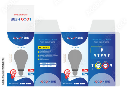 LED Bulb Packaging Box Template | Light Bulb Retail Packaging Design, Product Box Dieline and Printable Mockup Vector