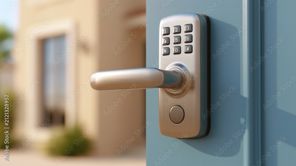 Naklejka premium Modern digital door lock with keypad on exterior door, showcasing advanced security technology in contemporary architecture setting