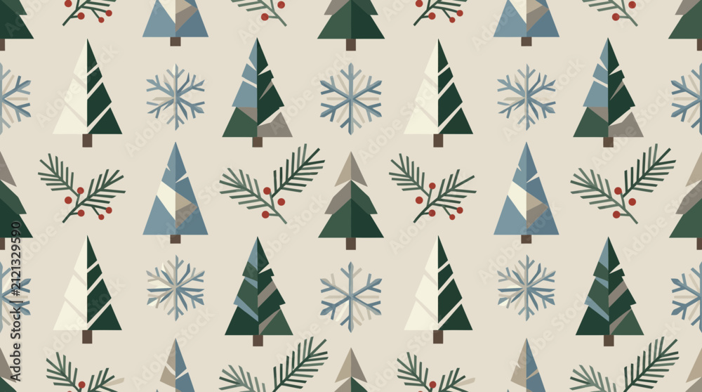 Obraz premium Geometric Winter Forest Pattern with Stylized Trees and Snowflakes