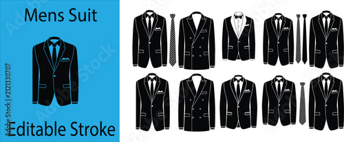 Fotografie Mens Suit Editable Stroke Vector Icon Set Featuring Formal Business Blazer Tuxed
