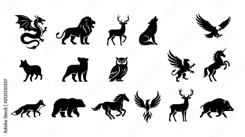 Obraz premium : Mythical and Wildlife Animal Silhouette Icon Set with Dragons Lions and Deer Vector Collection