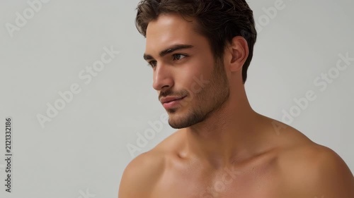 Male portrait headshot bare shoulder contemplative handsome young man model shirtless trimmed beard