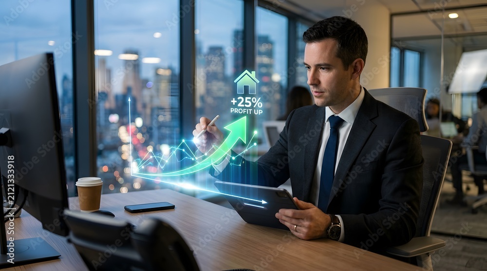 Fototapeta premium Businessman in suit pointing at large green rising arrow hologram on office window overlooking night city skyline growth concept