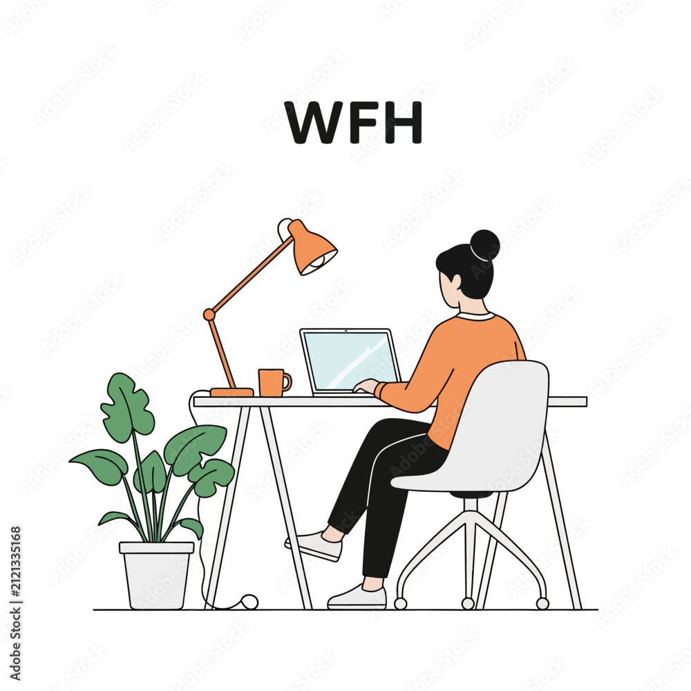 Fototapeta premium WFH Concept: Woman Working at Desk with Laptop Vector Illustration