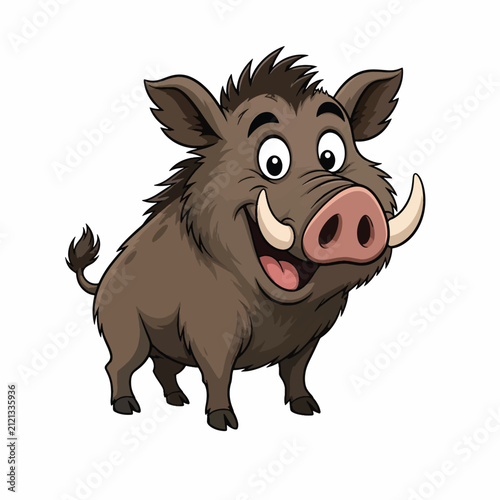 Wild Boar Cartoon Character with Sharp Tusks and Playful Expression