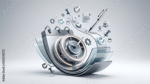 Futuristic mechanical gear with clock and calendar elements. Modern technology and time management concept for professionals.