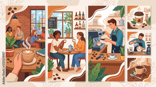 Coffee Shop Illustration Set with Baristas and Diverse Customers