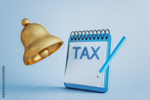 Konstfotografi Golden notification bell symbolizes urgent financial alert beside a blue notepad