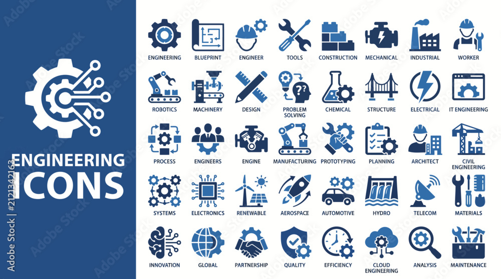 Fototapeta premium Blue engineering icons set: vector collection of gears, tools, sensors, and technical symbols for engineering graphics, UI design, infographics, and presentations