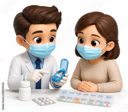 3D Pharmacist Mascot Demonstrating Pill Organizer to Female Patient