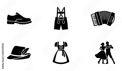 Fotografie German Oktoberfest Icons Set: Lederhosen, Dirndl, Accordion, Dancing Couple, Sho