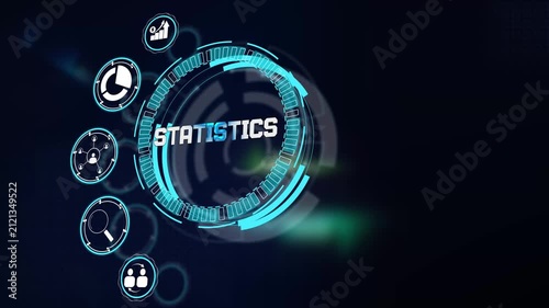 Statistical data visualization on dark futuristic technology screen showing corporate growth graphs and tech research icons