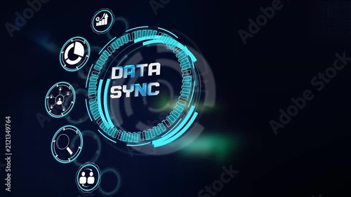 Seamless business data sync process visual rendered on futuristic glowing tech hud screen with interactive network icons