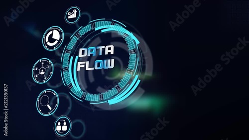 Dynamic digital data flow processing depicted on dark cyan futuristic tech hud screen with interactive corporate tech icons