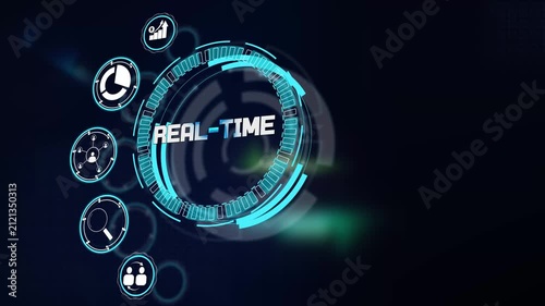 Tracking instant real-time business operation speed using glowing cyan technology hud screen with corporate research icons