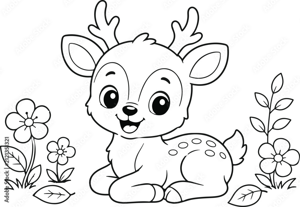 Fototapeta premium Young deer with flowers black and white vector illustration for coloring pages