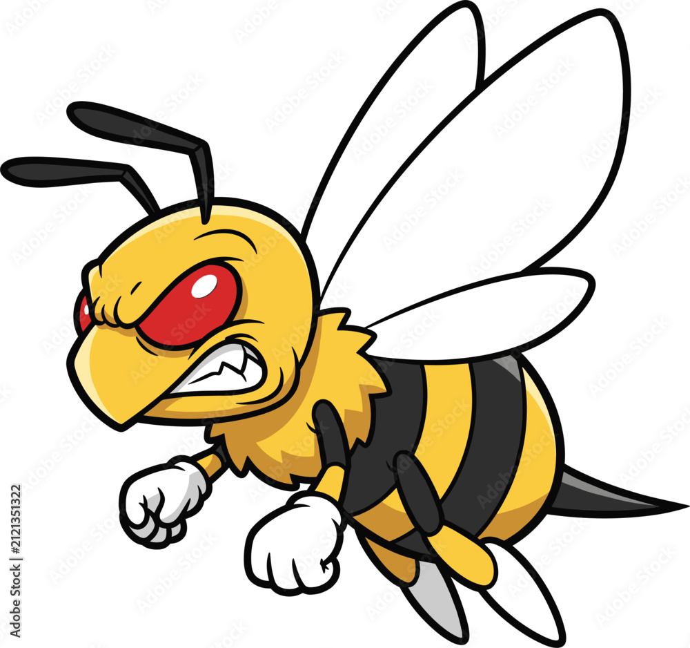 Fototapeta premium Angry cartoon bee mascot, aggressive insect character illustration, fierce wasp design, vector artwork for logo branding, cad drawing flat vector illustration