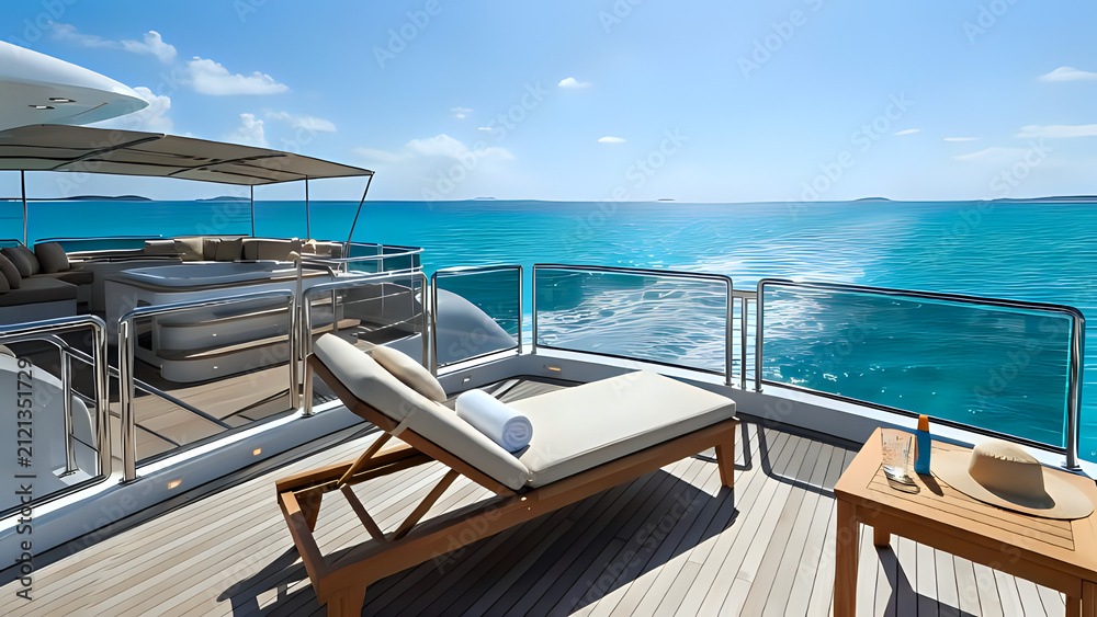 Fototapeta premium Sun lounger on luxury superyacht teak deck facing tropical blue ocean with superyacht turquoise vacation tropical relaxation relaxing
