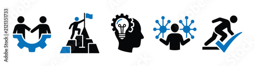 Teamwork Leadership and Business Success Concept Icon Set. Two businessmen handshaking on gear wheel, man standing on mountain top with flag, human head with gear lightbulb idea, person managing netwo