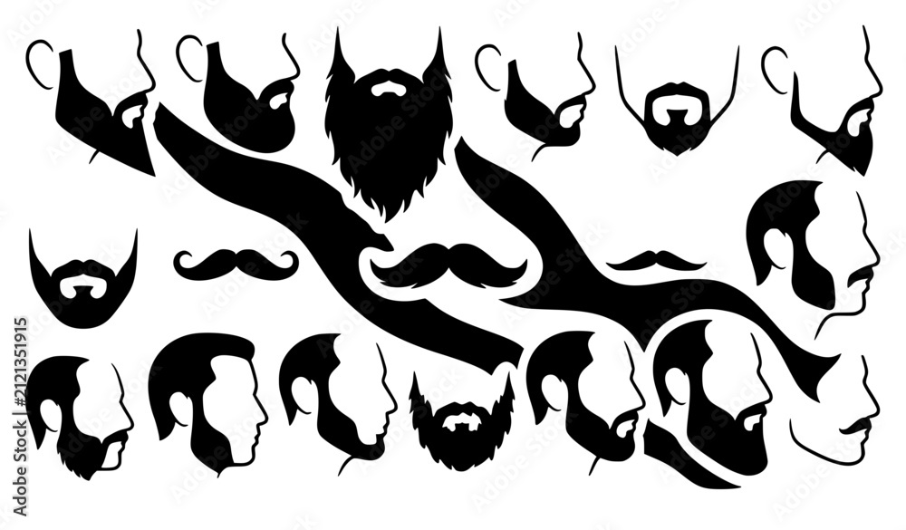 Obraz premium Men grooming fashion silhouettes collection featuring diverse facial hair styles, detailed beard shapes, mustache trends, sideburn patterns, and barbershop haircut profile design vectors