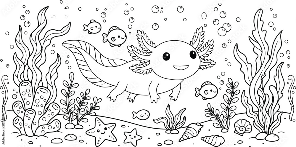 Obraz premium Adorable Axolotl with Fish and Sea Plants Coloring Page, Kawaii Axolotl Ocean Adventure Coloring Page, Cartoon Axolotl Under the Sea