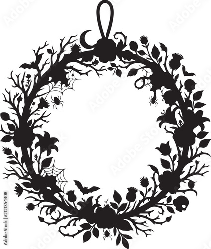 Gothic halloween wreath frame silhouette vector, thorny vine circular border with skulls bats spiderwebs and pumpkins, and spooky floral emblem. Flat and modern vector design.