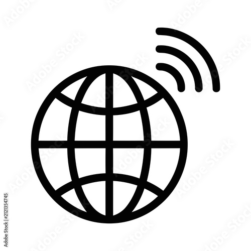 Thin Line Outline Globe Symbol with Wireless Signal Icon